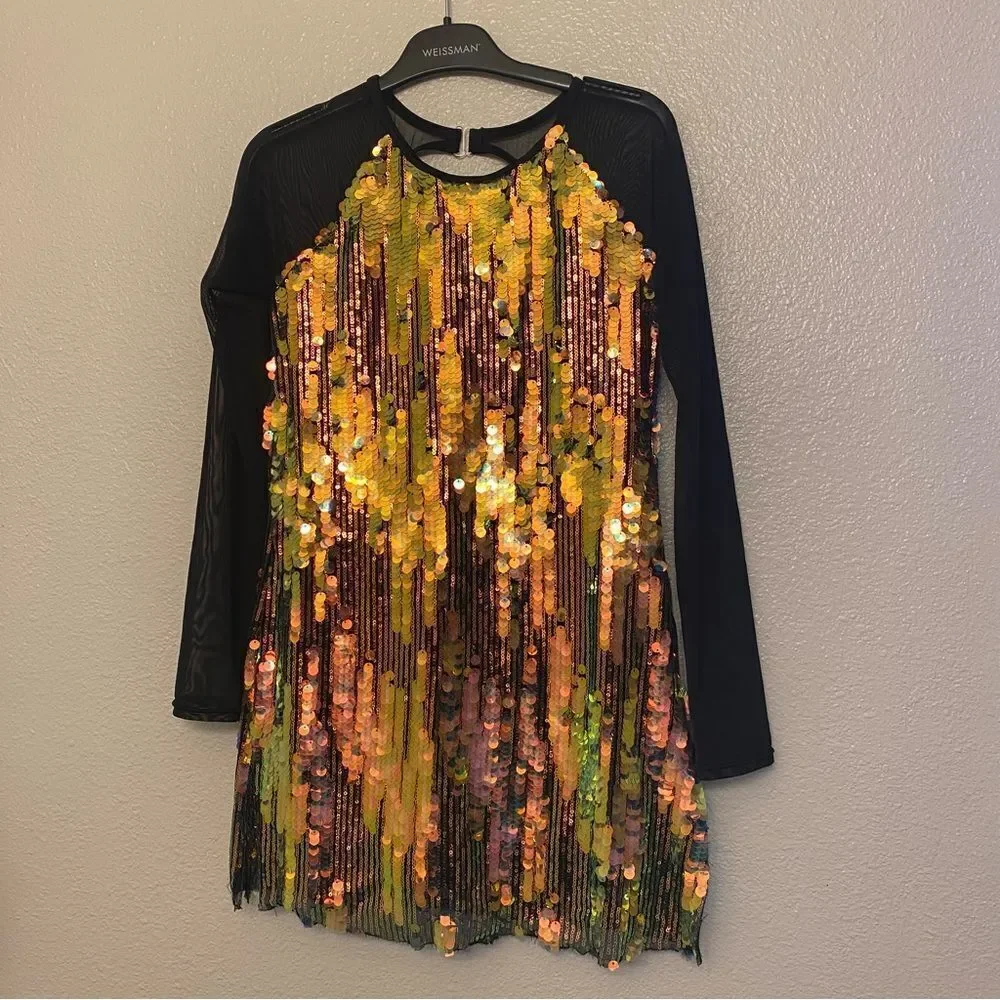 WEISSMAN Dance Costume shift dress Long sleeve black gold sequin Cool 14452 XLC